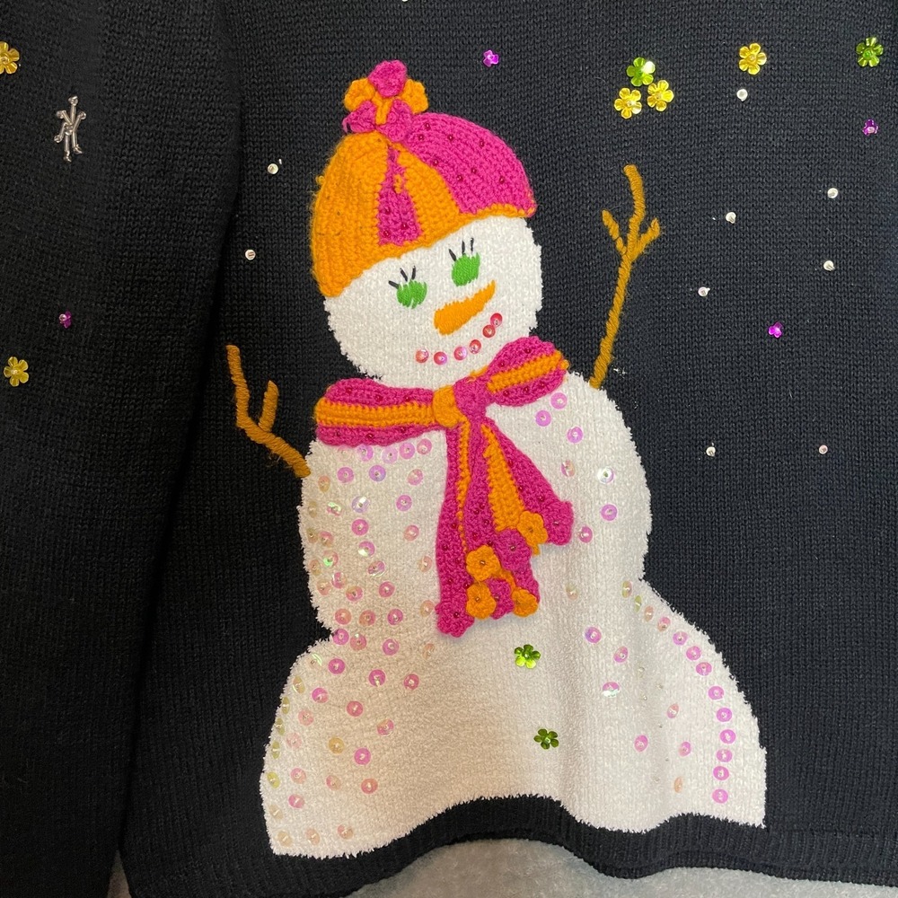 Susan Bristol Women Snowman Snowflakes Colorful Beaded Crewneck Sweater L